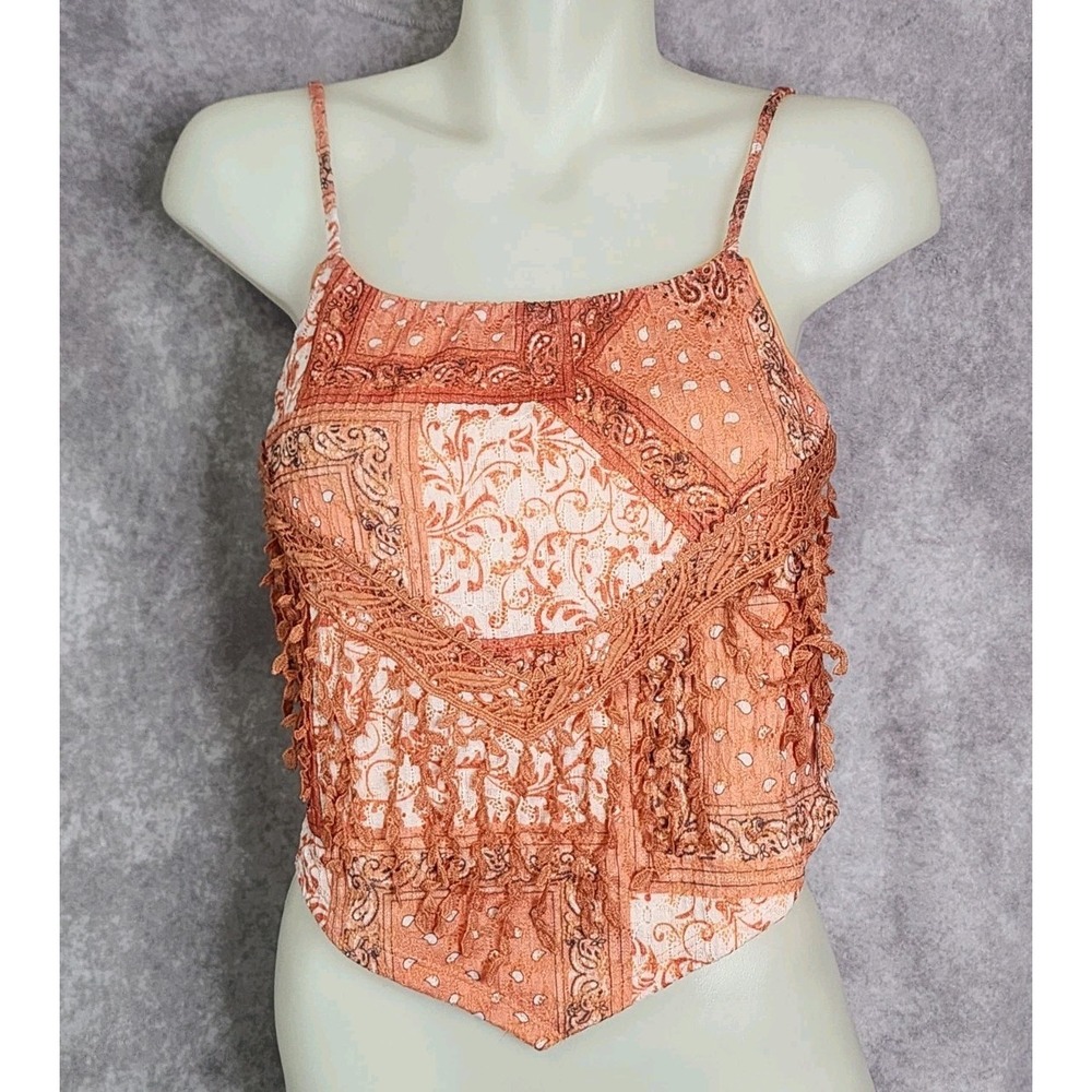 Miss Me Cami Top Womens L Rust Orange Paisley Boho Fringe Handkerchief Western